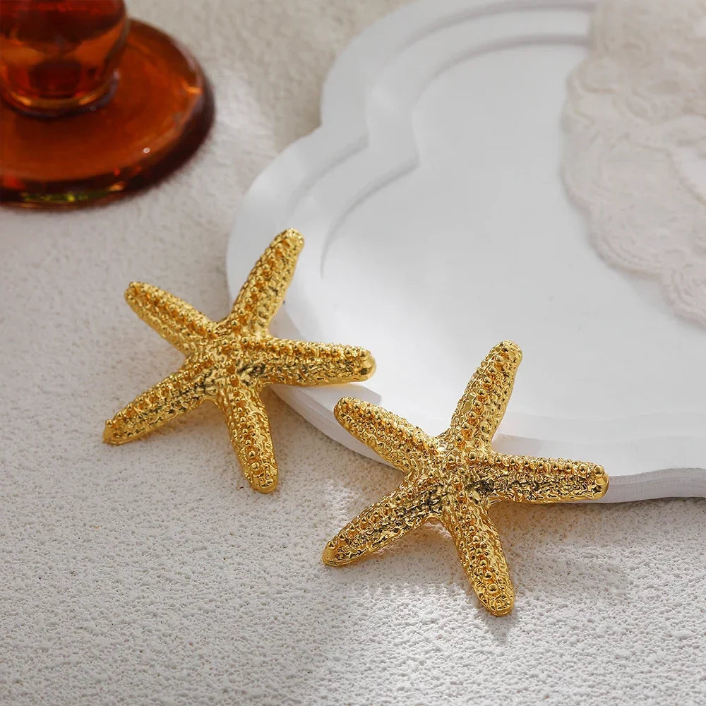 18k Gold Plated Stainless Steel Starfish Earrings - Bohemian and Summer Style