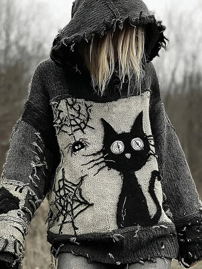 Cozy Halloween knit hoodie with scared black cat patchwork design. Stylish, warm & perfect for fall nights. Ideal for Halloween lovers!