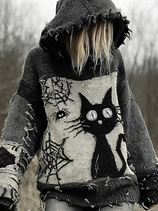Cozy Halloween knit hoodie with scared black cat patchwork design. Stylish, warm & perfect for fall nights. Ideal for Halloween lovers!