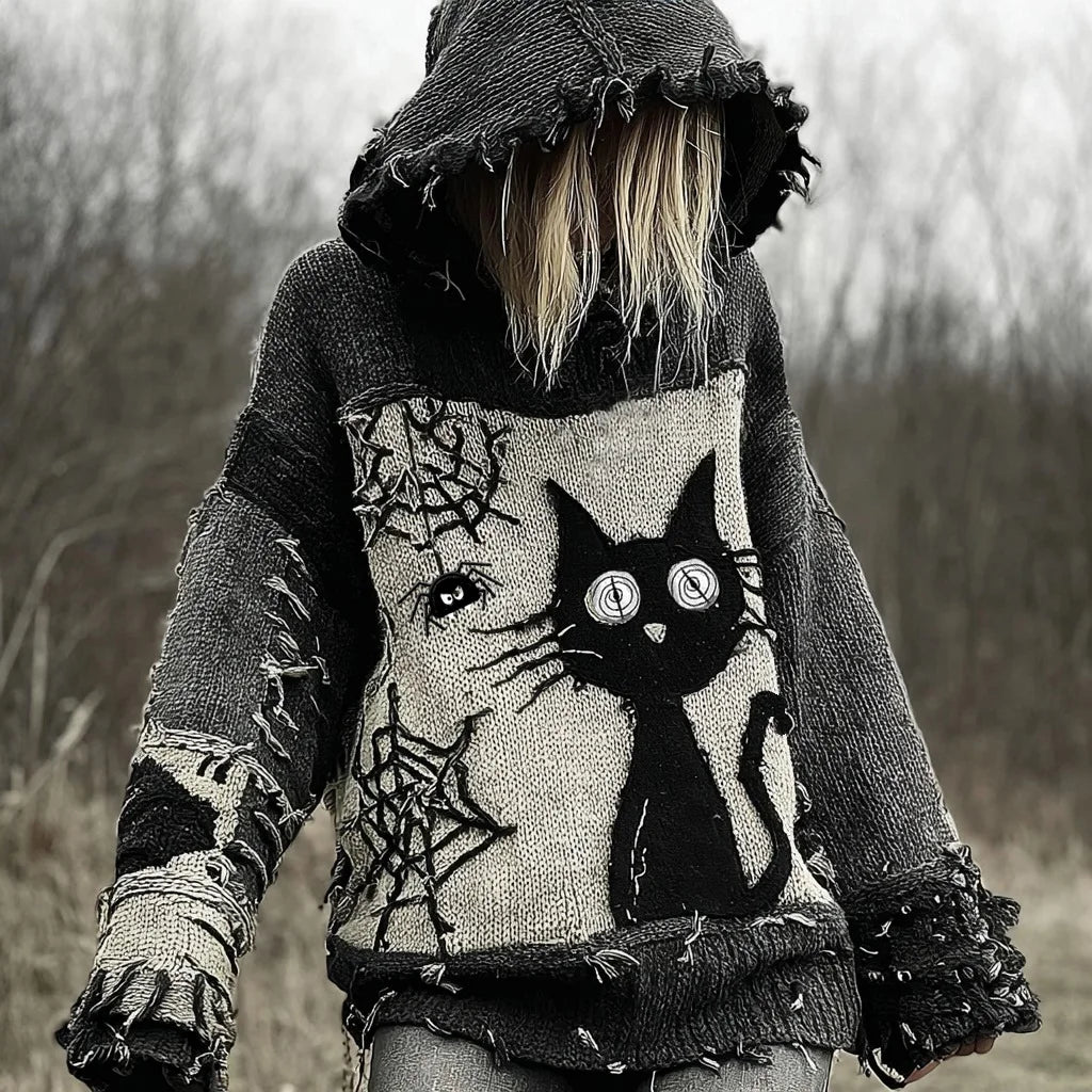 Cozy Halloween knit hoodie with scared black cat patchwork design. Stylish, warm & perfect for fall nights. Ideal for Halloween lovers!