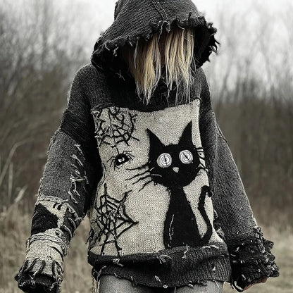 Cozy Halloween knit hoodie with scared black cat patchwork design. Stylish, warm & perfect for fall nights. Ideal for Halloween lovers!