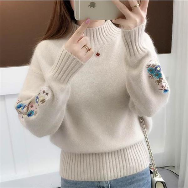 Cashmere Knitted Floral Embroidery Thick Sweater