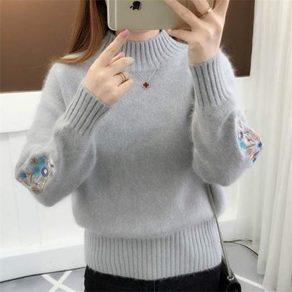 Cashmere Knitted Floral Embroidery Thick Sweater