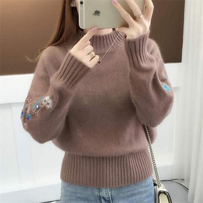 Cashmere Knitted Floral Embroidery Thick Sweater