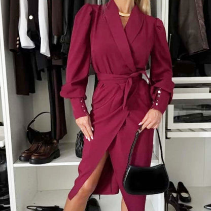 🔥Last Day Sale 49%🔥Women's Long-Sleeve V-Neck Tie Waist Split Dress