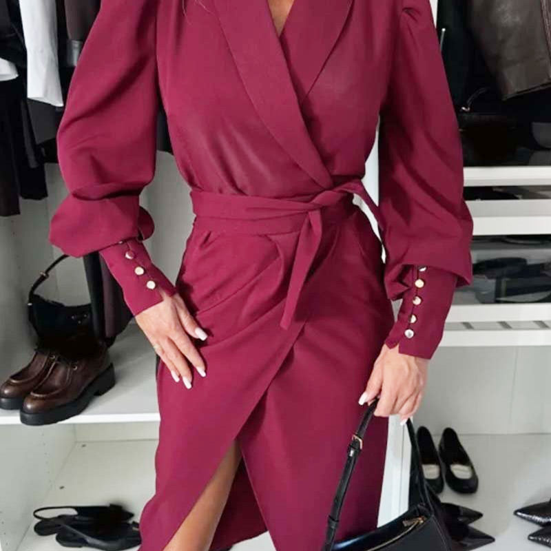 🔥Last Day Sale 49%🔥Women's Long-Sleeve V-Neck Tie Waist Split Dress